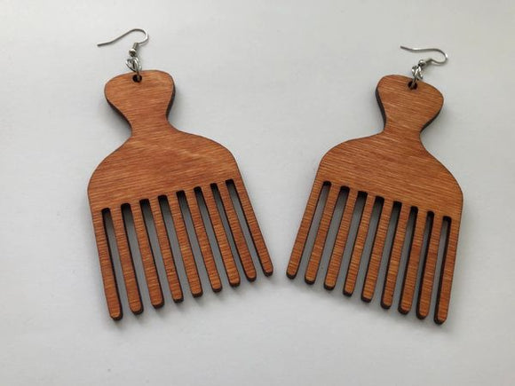 Earrings - Afro Pick (Natural Wood)