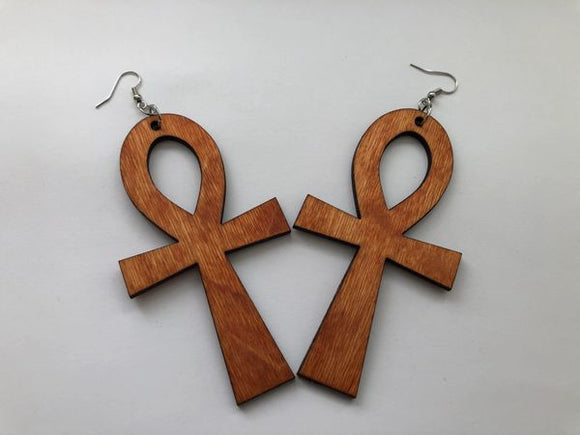 Earrings - Ankh (Natural Wood)